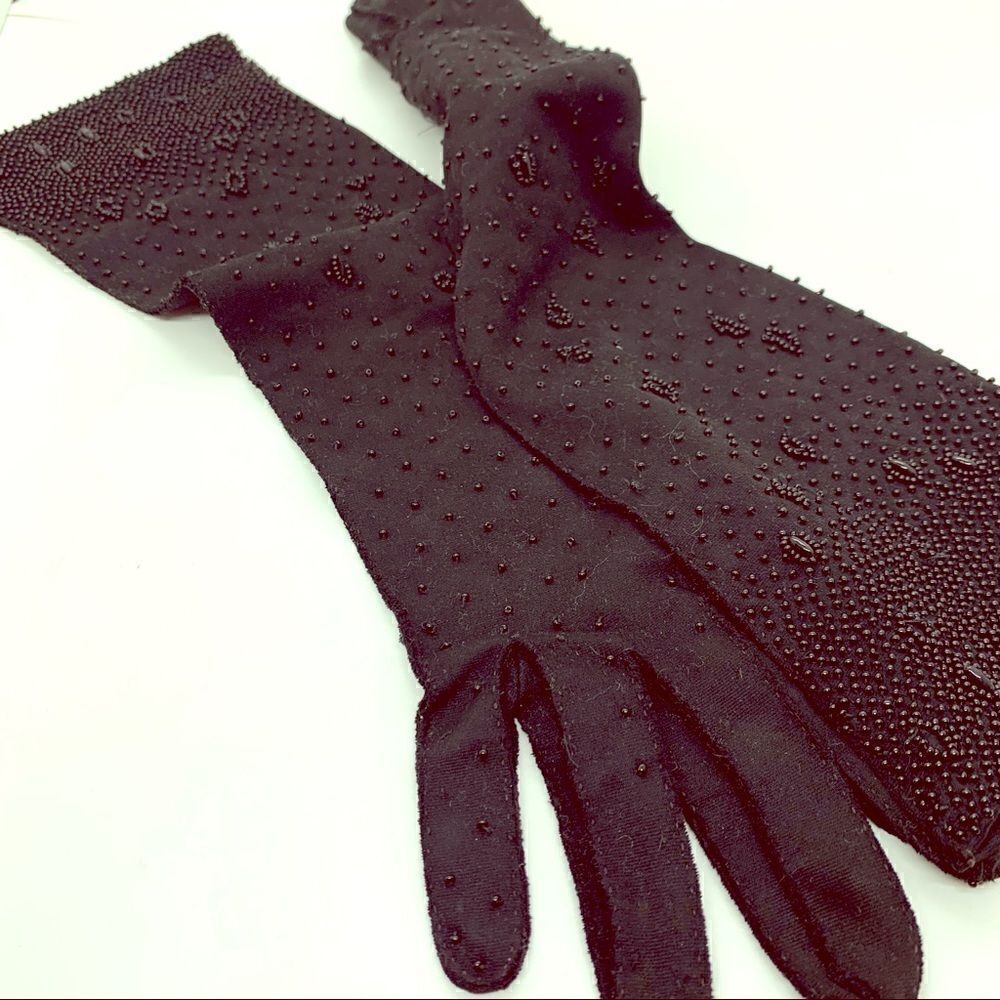 Black Beaded Detail Handmade Vintage Gloves